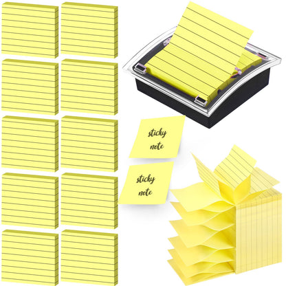Thenshop 10 Pads Pop up Sticky Notes with 1 Pack Pop up Note Dispenser Note Holder Black Base Clear Top Self Stick Memo Ruled Adhesive Notes 3x3 Ruled Memo Pads Refills 100 Sheet/pad