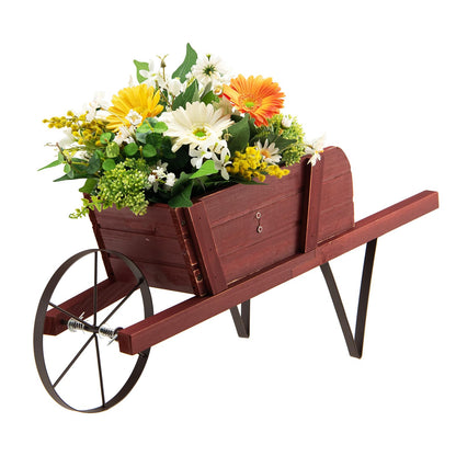 CHEFJOY Wooden Wagon Planter, 27.5"x10.5"x11.5" Wheelbarrow Cart Plant Pot with Halloween Decoration & Metal Supports, Single Wheel Movable Garden Flower Cart Planter for Yard, Backyard (Red)