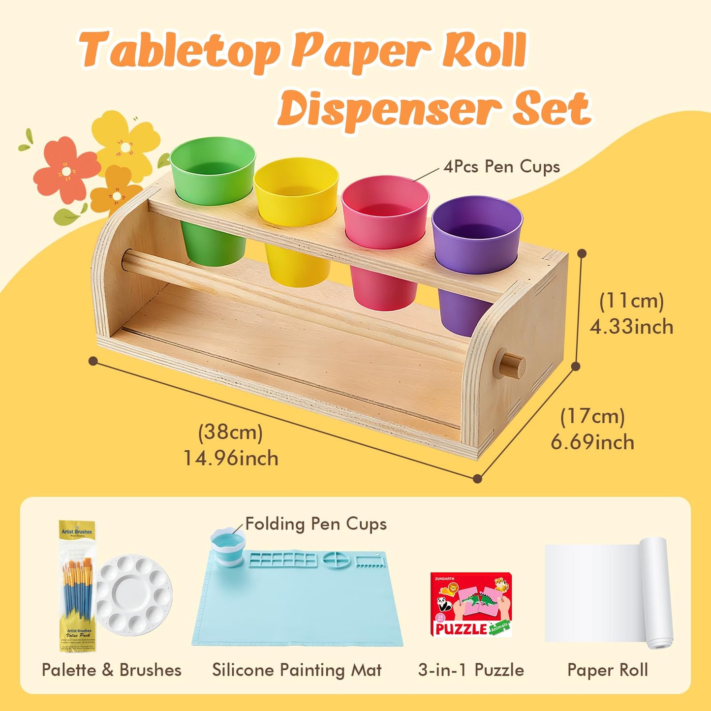 YOKUGO Kids Art Easel with Paper Roll, Desktop Painting Easel Wooden Tabletop Paper Roll Dispenser with Blue Silicone Painting Mat & Puzzle, Table Top Art Kit for Kids & Toddlers