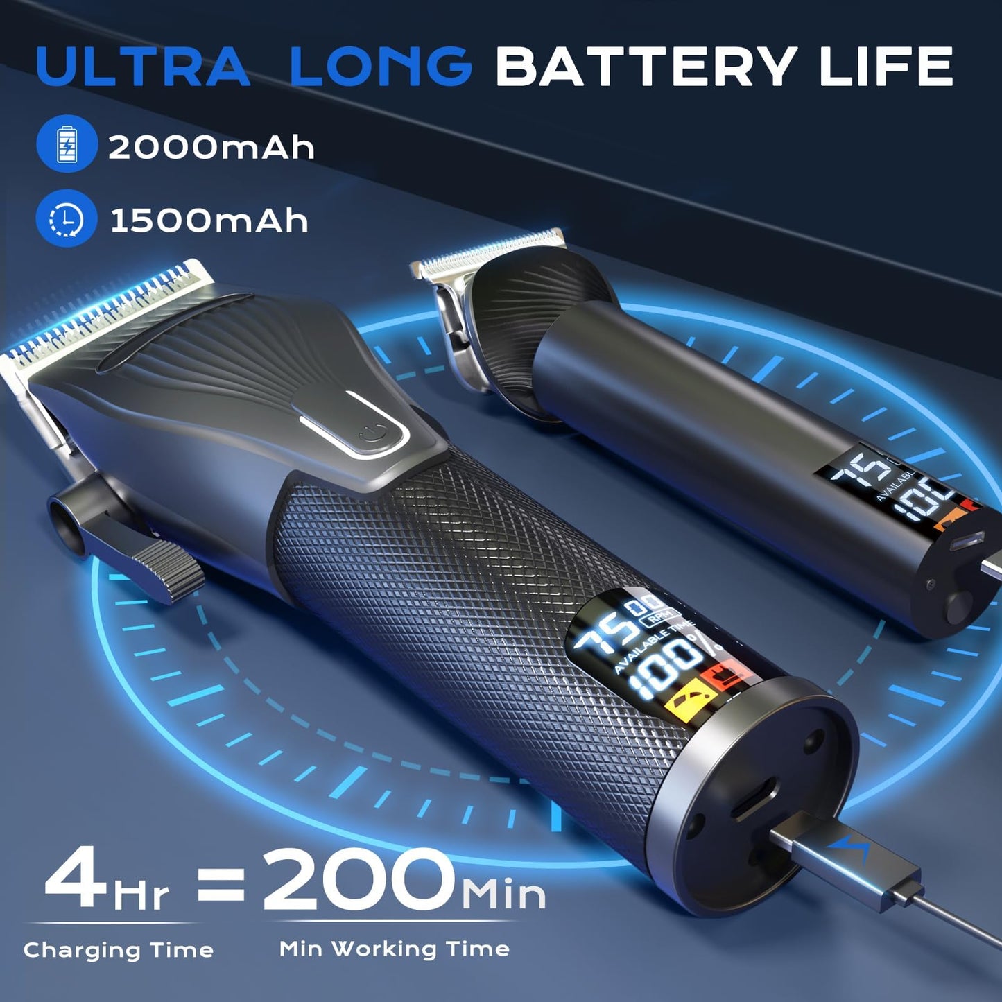 Hair Clippers for Men, Professional Cordless Hair Cutting and Trimmers Set with 7500RPM Powerful Motor & LCD Display, Mutil Function Mens Electric Hair Grooming Shaver Kit for Nose, Face, Body, Beard