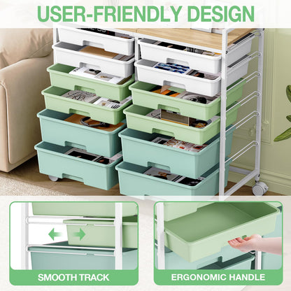 Rolling Storage Cart with 12 Drawers, Wooden Tabletop Utility Cart for Craft Storage, Art Supply Storage & Home Office Organization, Teacher Cart with Wheels for Classroom Organization, School (Green)
