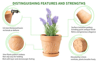 Melphoe Plant Pots Indoor with Drainage & Saucer, 2Pack 7/8 inch Flower Pots Outdoor Planters for Indoor Plants Garden Home Decor Cactus Succulent, Rigid Plastic (Imitation-Terracotta) Vine-Embossed