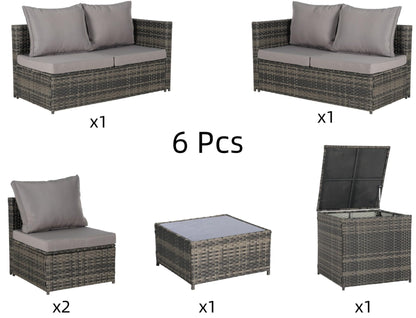 KEIKI 6Pcs Outdoor Patio Sectional Couch Sofa Conversation Furniture Sets with Chair, Storage Corner Cabinet, Glass Top Coffee Table & Cushion, Wicker Woven Seating for Backyard Lawn