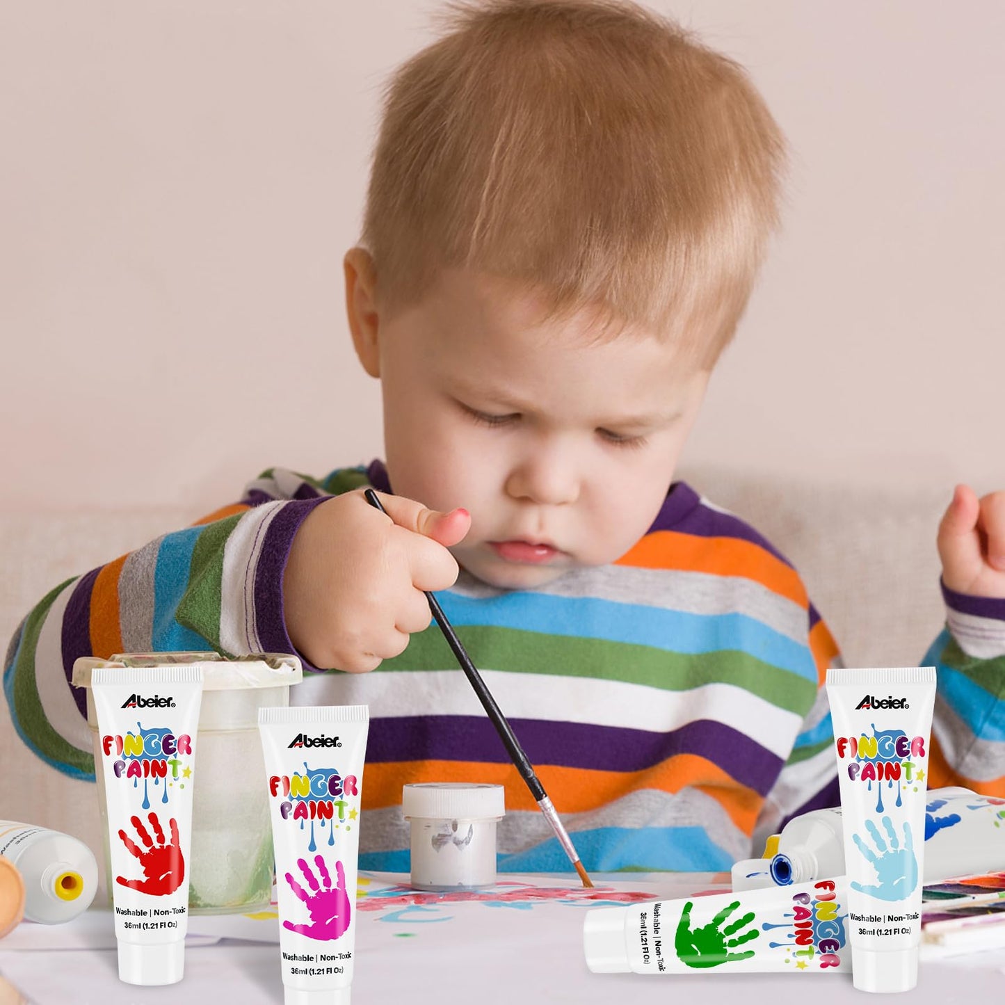 ABEIER Washable Finger Paint for Toddlers, Safe Non-Toxic, 12 Vibrant Colors (1.21fl oz), Baby Safe Paint for Hand and Feet, Mess Free Art Supplies for Kids, Preschool Learning Gifts, Ages 1-3 4 5 6+