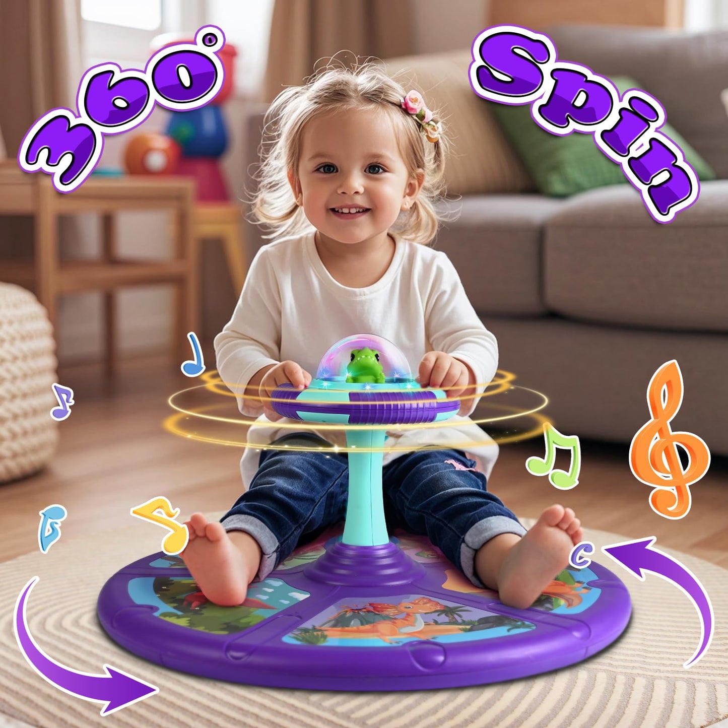 Dinosaur Sit and Spin Toy for Toddlers 1-3 3-5 360°Spinning Toys Birthday Gift for Girls Boys, Stress Relief Exercise Toys Sit n Spin Toys for 2-4 Toddlers with LED & Music Early Development Toy