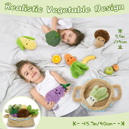 Tezituor 7 Pack Soft Vegetable Plushies Bulk for Easter Basket Veggie Stuffed Animals Interactive Toys Multi-Pack Food Playset Educational Plush Toy for Toddlers Party Favors Decor