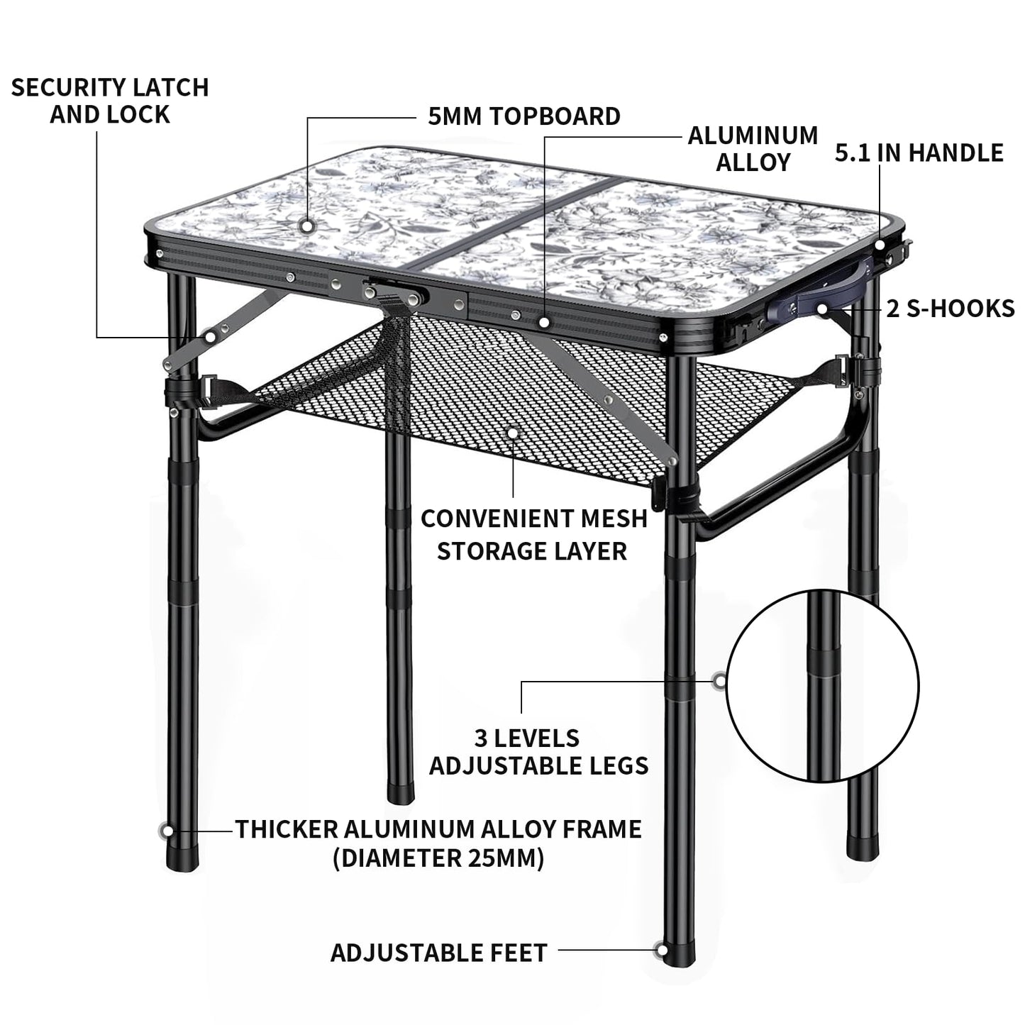 Outdoor Side Table, Portable 3 Adjustable Height Small Outdoor Folding Table, Aluminum Foldable Patio Side Tables for Outside Indoor, Plant Stand Coffee End Table for Pool, Porch,Garden, Balcony