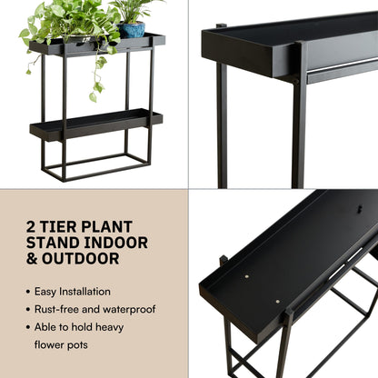 Levende Plante 2 Tier Plant Stand Indoor Outdoor - 29 x 9 x 28 Inches Plant Shelf for Home and Office Decor - Narrow Plant Stand for Lawn, Patio, Balcony and Living Room - Heavy Duty Iron - Black