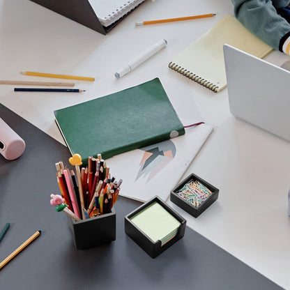 CMLKLZD Black Desk Organizer Set of 3 - Wood Office Desk Accessories - Desk Organizers and Accessories for Women Men - Set incl. Pencil Pen Holder, Paperclip Storage and Sticky Note Holder