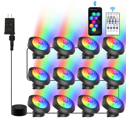 CREPOW RGB Underwater Pond Lights,Super Bright 18 LED Submersible Fountain Lights, Bluetooth APP Control IP68 Waterproof Color Changing Spotlights for Fish Aquarium Tank Yard Garden Pool(Set of 12)