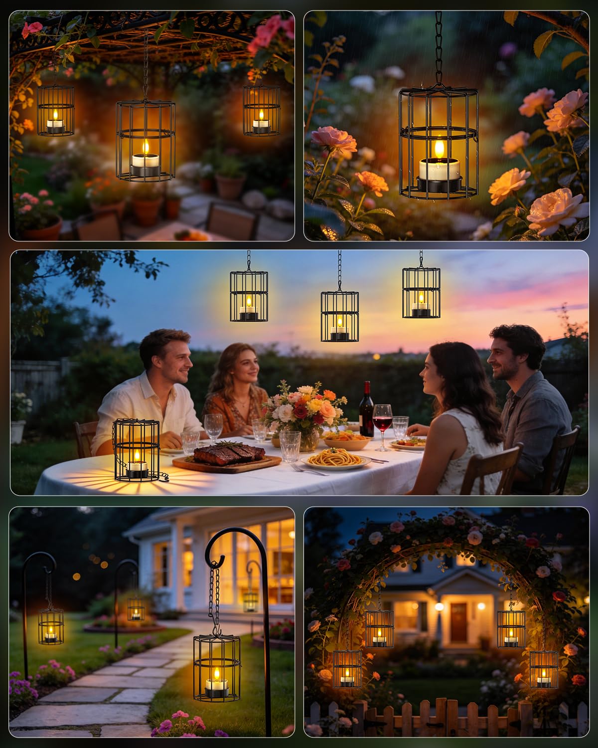 Yme Solar Hanging Lanterns Outdoor Waterproof, 2 Large 2 Small Hanging Candle Holders - 4PCS Flickering Flameless LED Solar Tea Lights, Outdoor Decor for Patio Garden Backyard Tree Fence Pergola