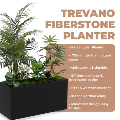 DEPLA LANE Trevano Fiberstone Rectangular Planter (26" L x 9.8" W x 15.7" H) Smooth Finish, Removable Inner Pots, Lightweight, Durable, UV Resistant, Minimalist Indoor Outdoor Plant Pot (M, Black)