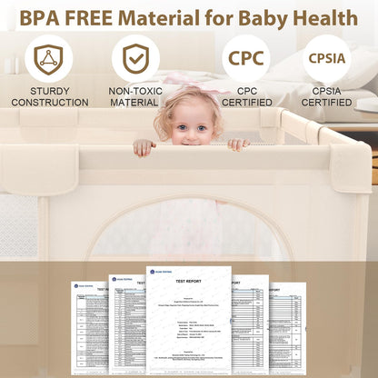 71 x 59 Baby Play Pen with Mat - Indoor & Outdoor Playpen for Babies and Toddlers - Extra Large Play Yards with Soft Foam & Sturdy Bottom Suction Cups - Toddler Baby Play Yard with Gate(Apricot)