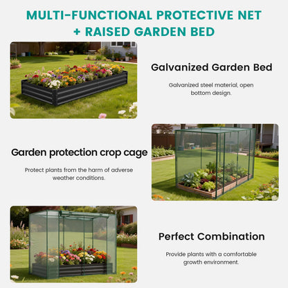 SUNYRISY Galvanized Raised Garden Bed with Protection Netting, Outdoor Metal Planter Box with Plant Crop Cage, Garden Box Protection for Gardening Vegetables Flowers Herbs Planting, Black