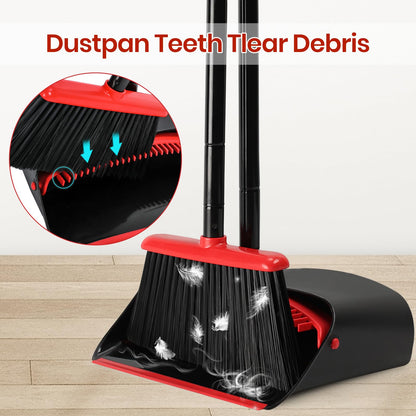 TreeLen Dust Pan and Broom/Dustpan Cleans Broom Combo with 52" Long Handle for Home Kitchen Room Office Lobby Floor Use Upright Stand Up Broom and Dustpan Set - Black/Red