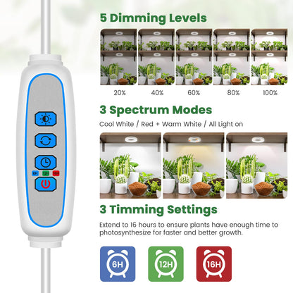 Kullsinss Ceiling Grow Light, 144 LEDs Full Spectrum Plant Lights for Indoor Growing with 6/12/16H Timer, 3 Spectrum Modes, 5 Brightness Levels, 3.5" Under Cabinet Grow Lamp for Small Plants (3-Head)