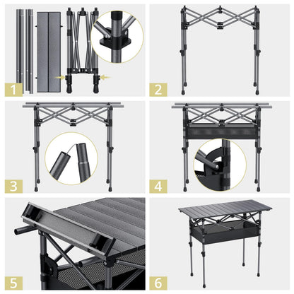 Anbte 3ft Aluminum Roll Top Camping Table, 2 Adjustable Height Camping Table Folding with Storage Net & Bag Lightweight Roll Up Table for Tailgate Outdoor Backyard BBQ Patio Picnic, 32.2” X 16”, Black