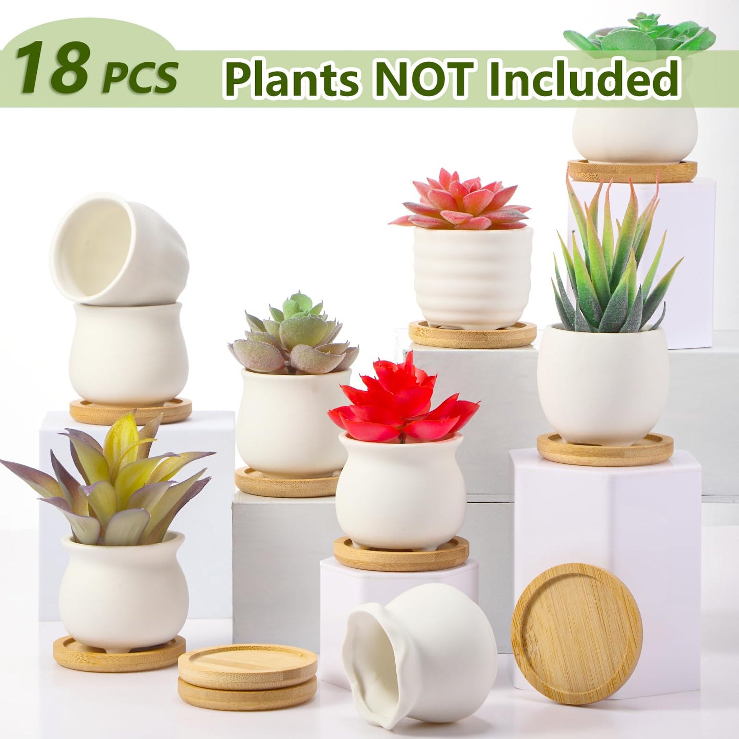 Remerry 18 Pcs 2.5 Inch Mini Succulent Pots with Bamboo Tray White Ceramic Pots Color Your Own DIY Small Planters Containers for Flower Cactus with Drainage Hole for Plant Lover