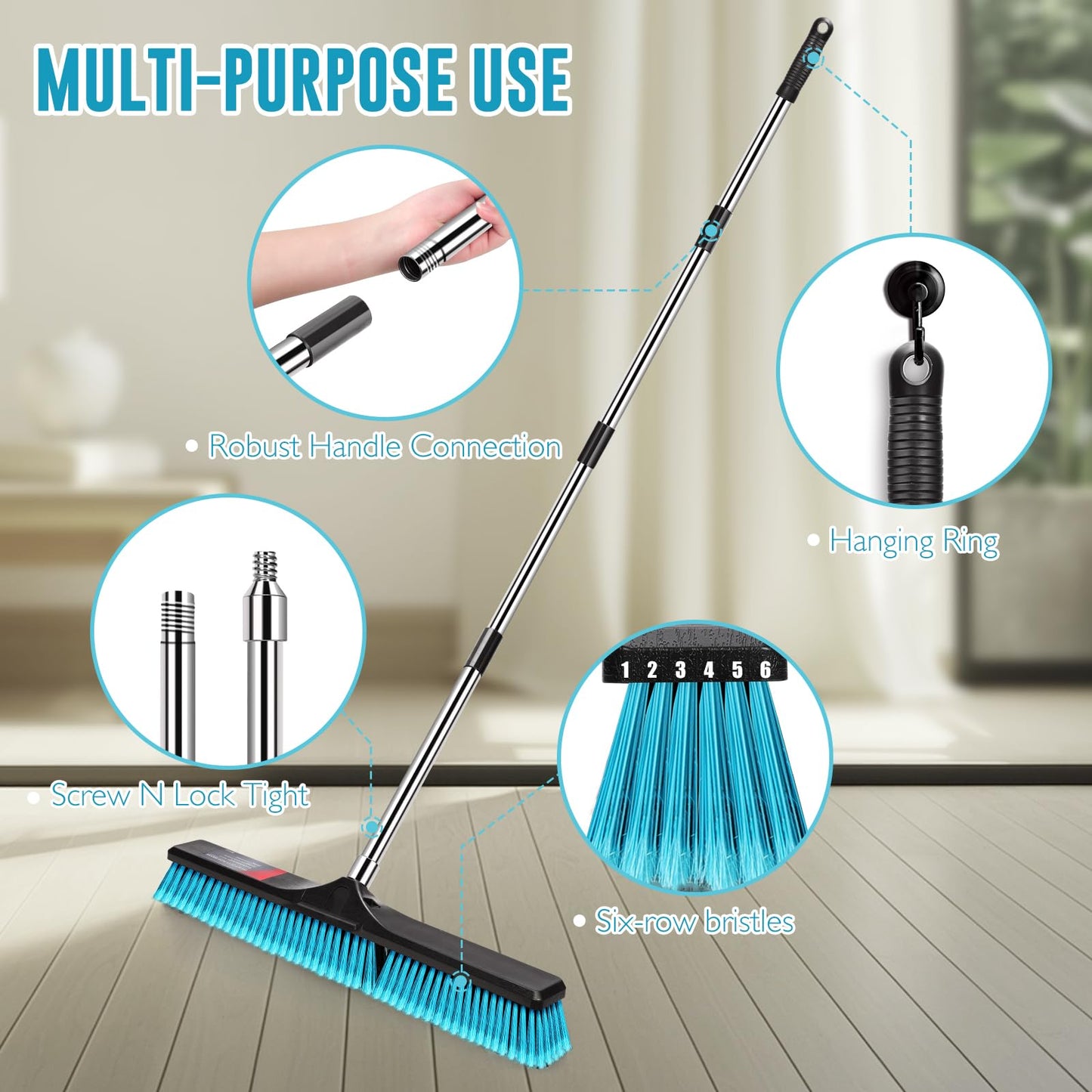 24" Push Broom Outdoor Heavy Duty, Commercial Push Broom for Cleaning with 55" Long Handle and Stiff Bristles, Large Shop Broom for Driveway Garage Yard Patio Warehouse Concrete Floor Cleaning