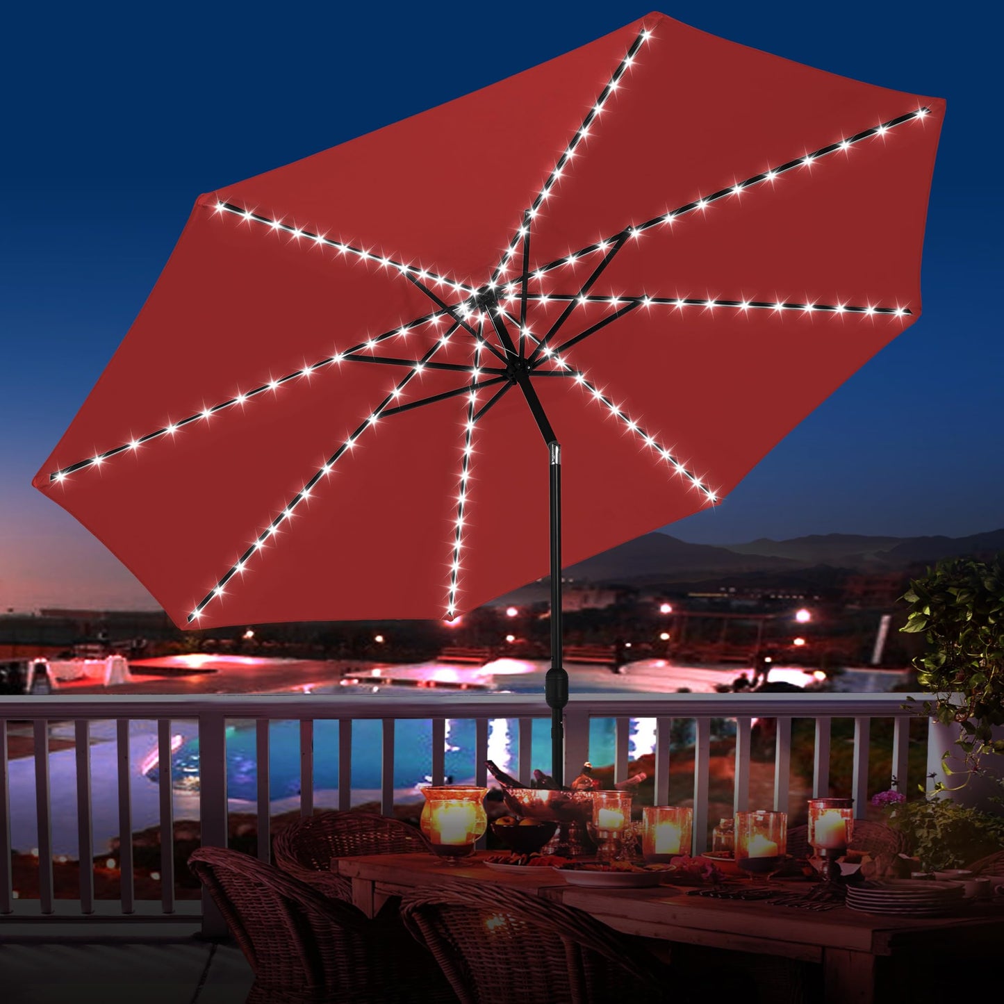 Sundale Outdoor Olefin 5-Year-Non-Fading Solar 104 LED 11FT Solar Patio Umbrella with Sand Bag Base, Outdoor Umbrella with Tilt and Crank, Red