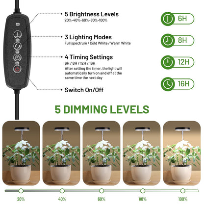 LBW Grow Light for Indoor Plants, Full Spectrum Halo Plant Grow Light with Base, Height Adjustable Plant Lamp with Auto Timer 6/8/12/16H, 3 Color,5 Dimmable Level, for Small Plants, Black, 2 Packs