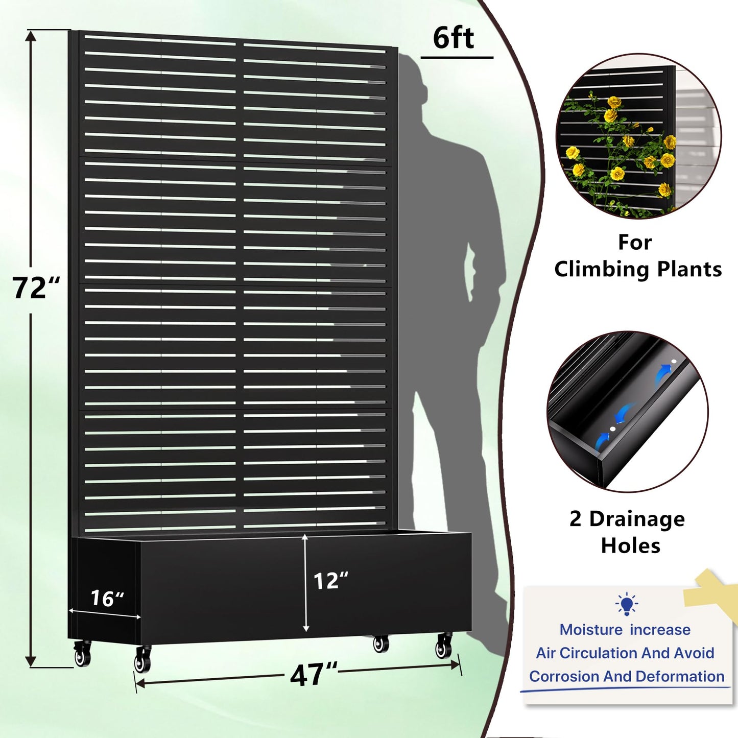 Metal Planter Box with Trellis,72"x47"x16"Galvanized Steel Outdoor Raised Garden Bed with Privacy Screen,with Drainage Holes & Lockable Casters for Climbing Plants,Vegetables,and Vines(Black-BYC)