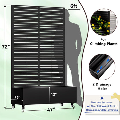 Metal Planter Box with Trellis,72"x47"x16"Galvanized Steel Outdoor Raised Garden Bed with Privacy Screen,with Drainage Holes & Lockable Casters for Climbing Plants,Vegetables,and Vines(Black-BYC)