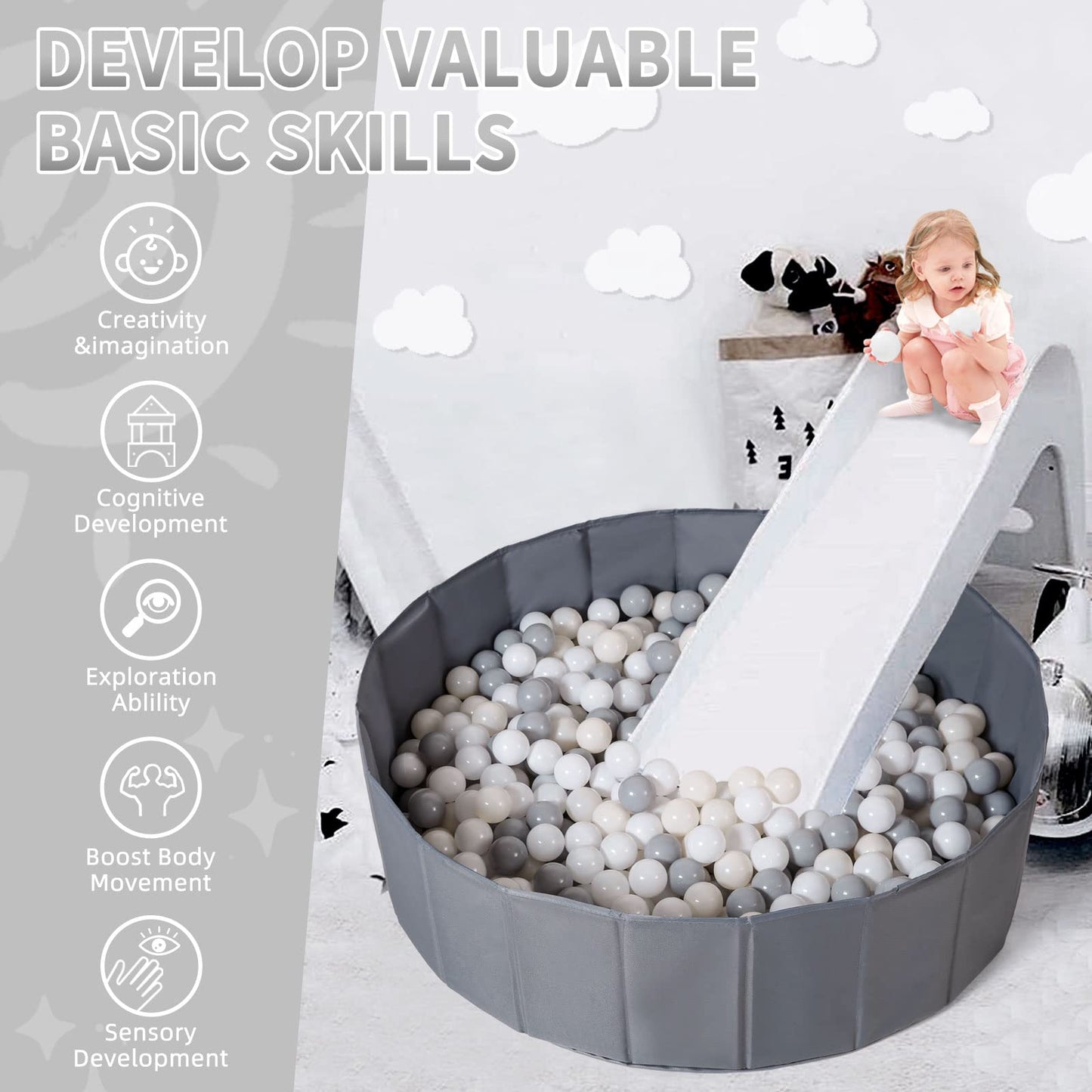 Ball Pit for Toddlers Babies Dogs Cats Iinfant Children, Foldable Ball Pits Play Tent, Crawl Playpen Ball Pool with Storage Bag, Surprise for Boys Girls Festival (Balls Not Included), Gray