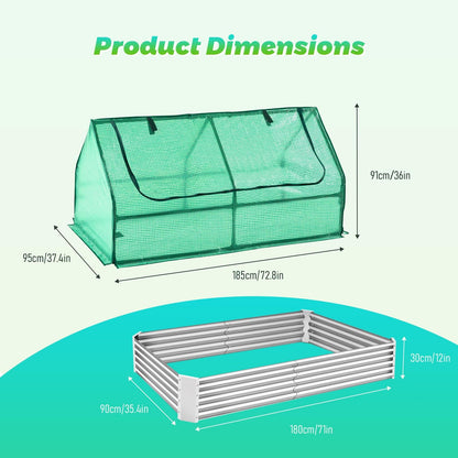 Portable Raised Garden Bed with Mini Greenhouse, 6 x 3 x 1 FT Galvanized Metal Planter Box with 2 Roll-up Zipper Windows PE Cover for Ventilation, Small Greenhouse for Outside Flower Herb Garden