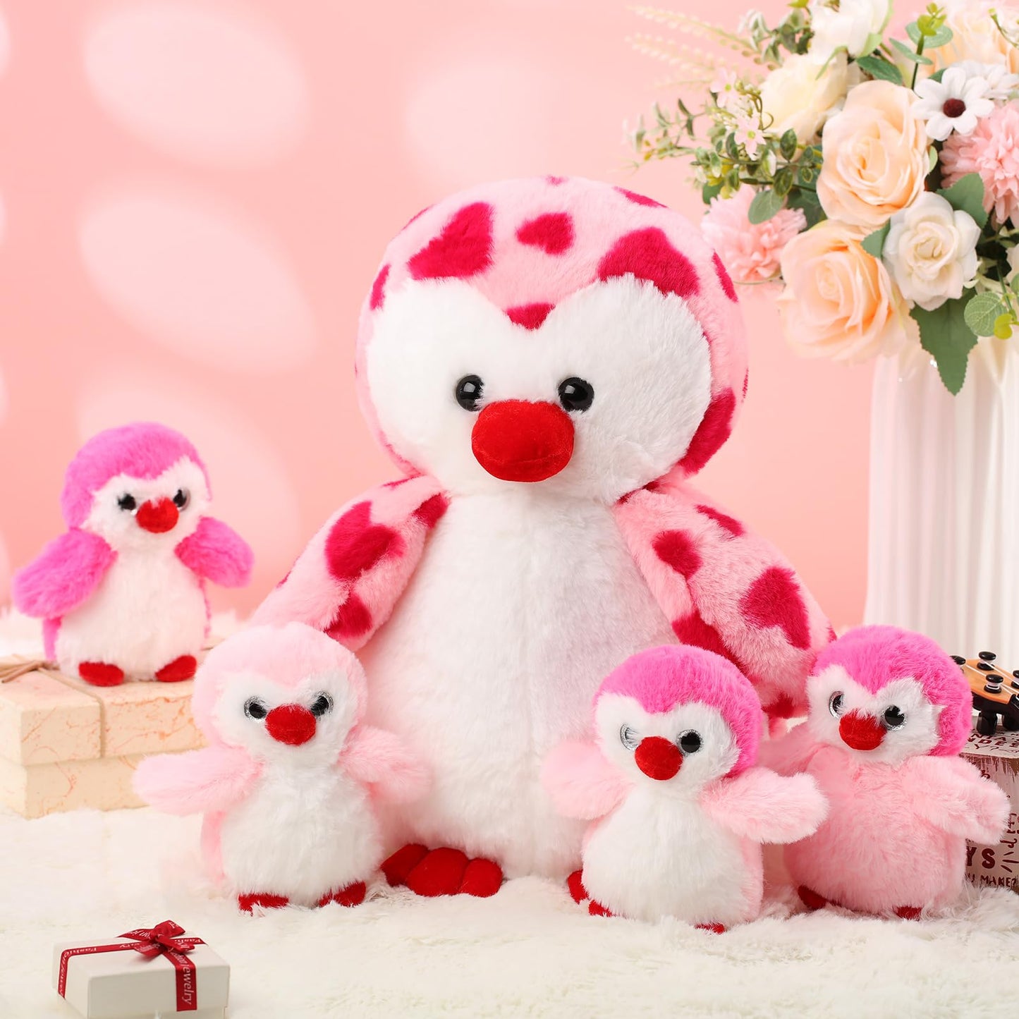 Harrycle 5 Pcs Penguin Plush Toy Set 14 Inch Mommy Penguin Stuffed Animal with 4 Cute Babies in Zippered Belly Soft Cuddly Plushie for Kids Birthday Gifts Party Favors(Heart Style)