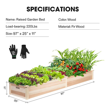 VIVOSUN 8×2Ft Wooden Raised Garden Bed, 97 x 25 x 11 Inches, Outdoor Wood Planter Box with Gloves and a Liner for Garden, Patio, Balcony, Backyard and Outdoors