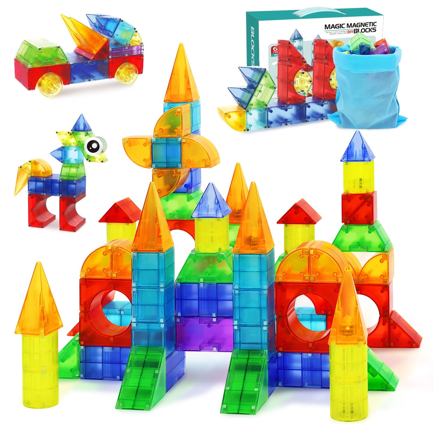 Huaker Magnetic Blocks,66 Piece Translucent Building Blocks for 3+ Boys Girls Birthday Gifts,Multi Shape Magnetic Cubes Preschool Classroom Educational Toys for 3-8 Year Old Kids STEM Activities