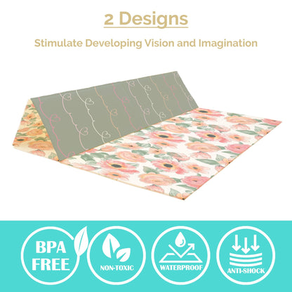 JumpOff Jo Foldable Foam Play Mat – Large Waterproof Baby & Toddler Activity Floor Mat, Double-Sided 70 x 59 Inch Play Surface - Love Blossoms