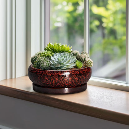 EPFamily Bonsai Tree Pots - 10 Inch Ceramic Succulent Planters for Indoor Outdoor, Bonsai Pots with Drainage Hole and Saucer, Shallow Round Planter, Planter Bowl, Patio Decor, Gifts for Women, Red