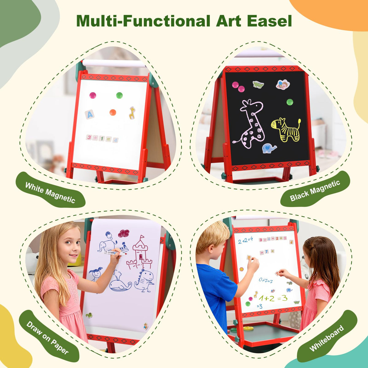 BBV Kids Wooden Easel with Paper Roll, Adjustable Magnetic Double Sided Drawing Board Whiteboard & Chalkboard Dry Easel Board, Children Art Easel for 3~12 Years Kids Boys Girls Painting Drawing（Red）