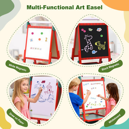 BBV Kids Wooden Easel with Paper Roll, Adjustable Magnetic Double Sided Drawing Board Whiteboard & Chalkboard Dry Easel Board, Children Art Easel for 3~12 Years Kids Boys Girls Painting Drawing（Red）