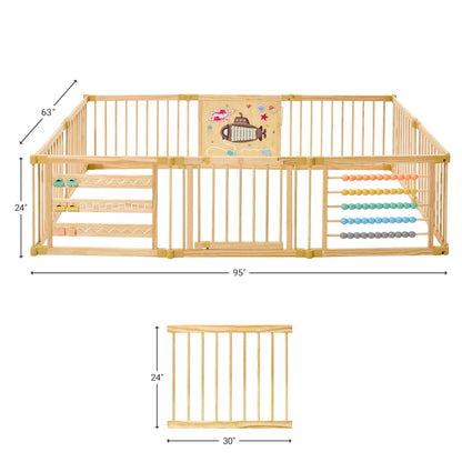 Wooden Playpen Extra Large for Toddlers and Babies - Under The Sea Theme Toy Design - (8/10) Wood Panels - Foldable and Adjustable Baby Play Yard- Extra Large Baby Playpen (10-Panels)