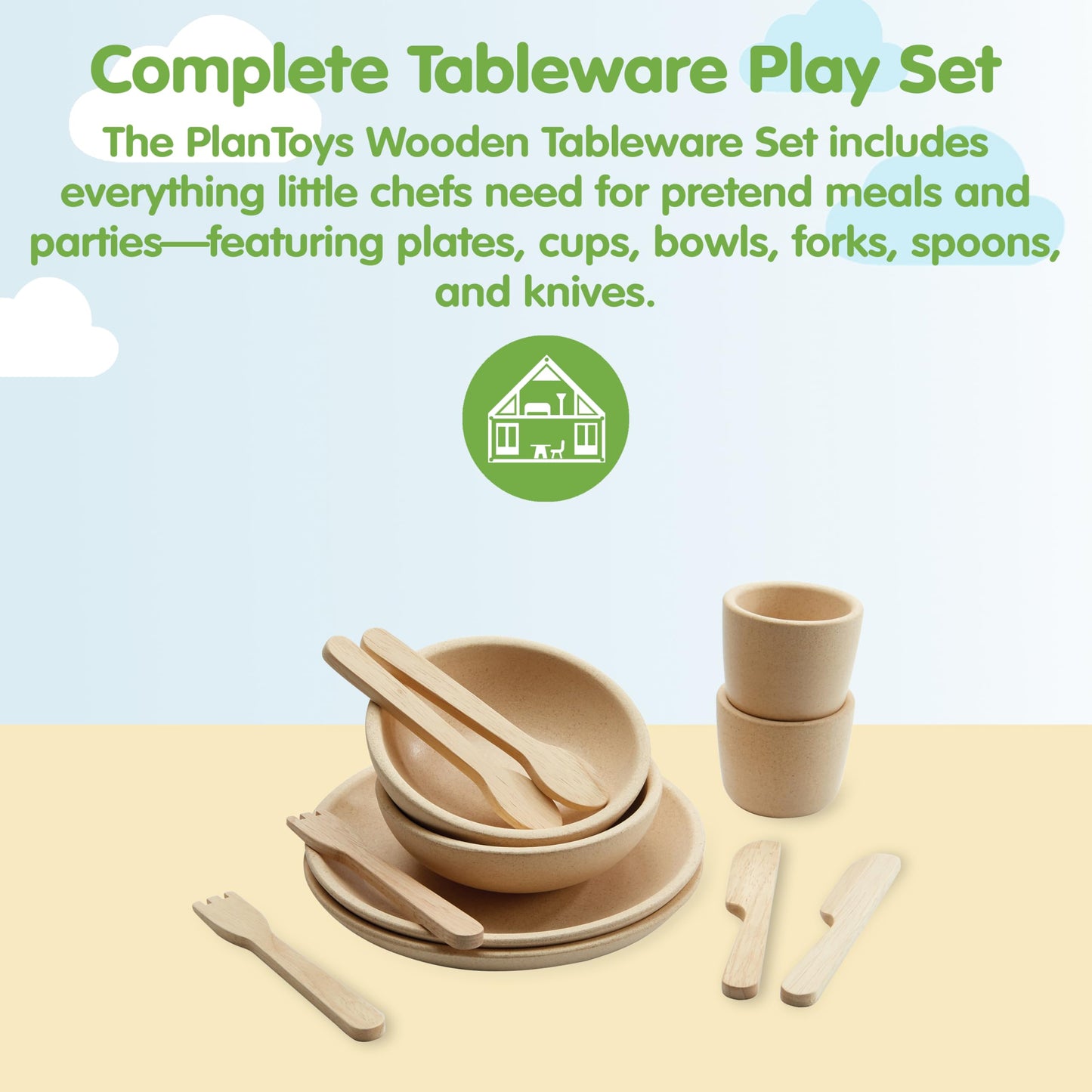 PlanToys® Pretend Play Wooden Tableware Set for Kids | 16-Piece Montessori Kitchen Toy Set with Plates, Cups, Bowls & Utensils | Eco-Friendly, Non-Toxic Toy for Toddlers & Preschoolers