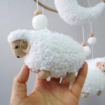 Sheep Baby Mobile for Crib, Cloud Baby Crib Mobile for Girls & Boys, Neutral Crib Toys Hanging, Lamb Baby Mobile for Bassinet, Nursery Decor - Pure White