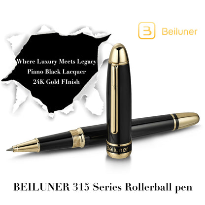 BEILUNER 315 Luxury Rollerball Pen, with 24K Gold Finish, Black Piano Lacquer, Luxury Grade Craftsmanship, Best Pen Gift Set for Men and Women, Professional, Executive, Office, Fancy, Nice Pens