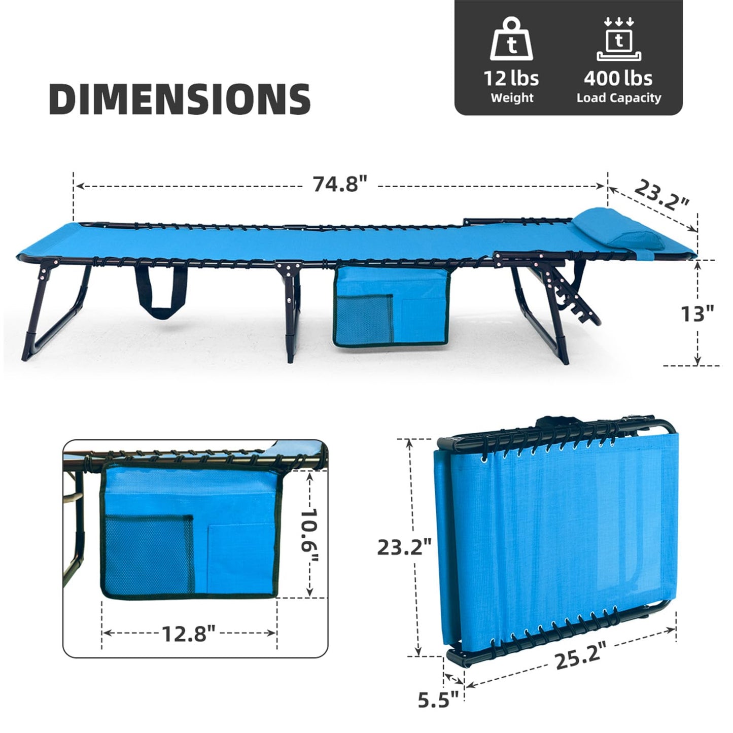 Foristrail Folding Chaise Lounge Chair Bed - Heavy-Duty 400lb Capacity Portable Adjustable Recliner w/Pillow for Patio, Pool, Camping, Sunbathing - Lay Flat Design (Blue)