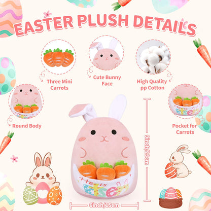 Prewplam Easter Bunny Stuffed Animal, Soft Bunny Plush with 3 Pcs Carrot Stuffed Animals, Cute Rabbit Plush Toys Gifts for Kids Girls Boys (Pink)