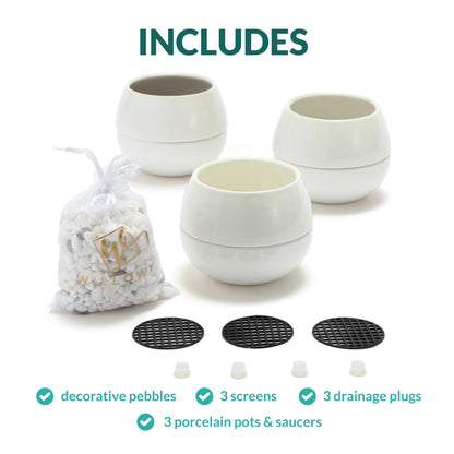 Willowy 3.5 Inch Small Succulent Pots - 3pk, Mini/Small White Ceramic Succulent Pots - No Plants Included
