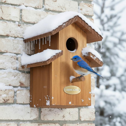 Water Proof Bluebird House for Outside, 2 Layers Metal Roof Water Proof, Outdoor Lifetime Durability Solid Cedar Wood Bird House for Pole, Secure Latch, Updated 1.5" Hole Size (Comfy Mansion)
