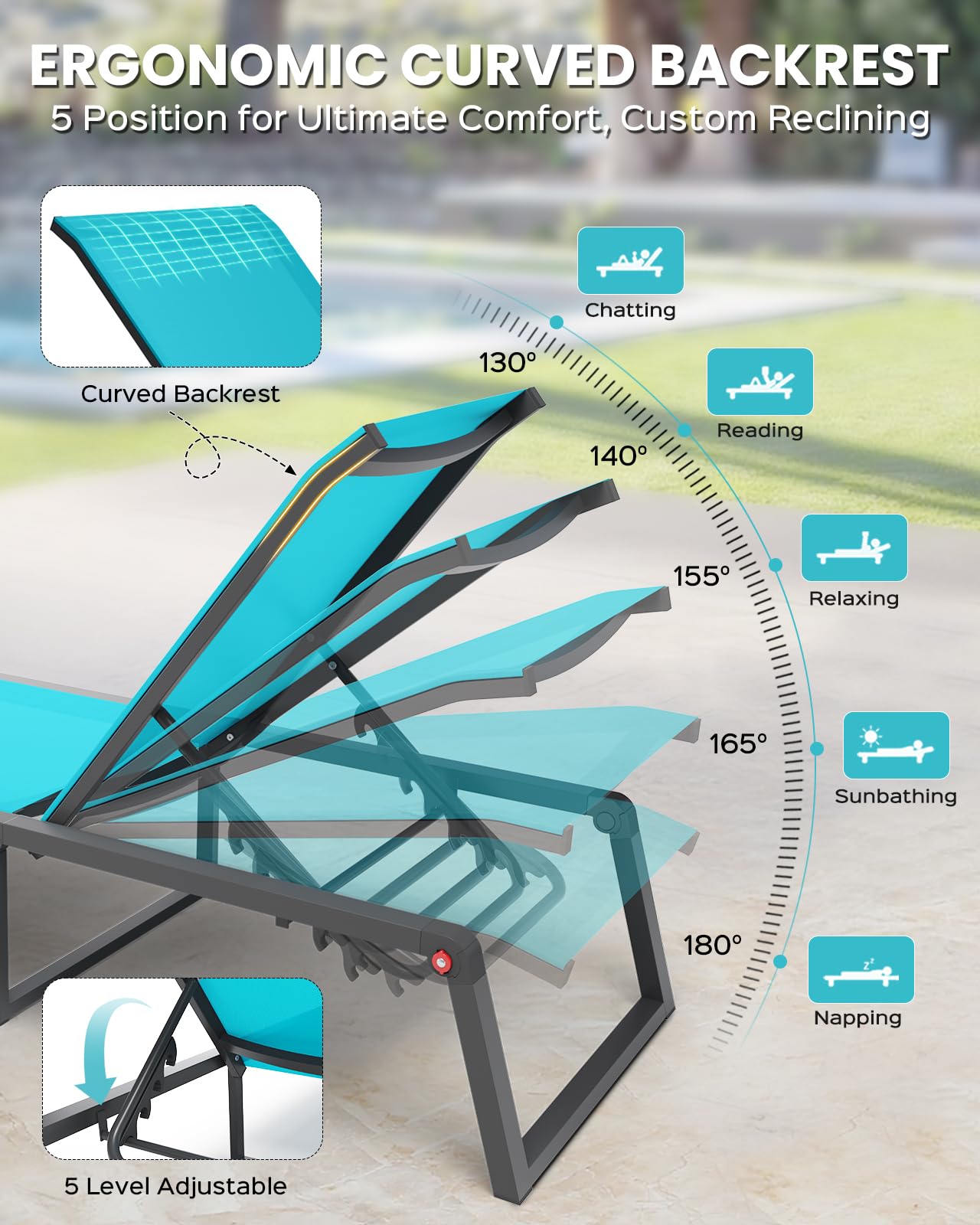 Oasbira Aluminum Chaise Lounge Chair Outdoor, Foldable & Assembly Free Patio Pool Lounge Chairs 5-Position Recliner for Outside Poolside, Fully Grounded Legs Sun Lounger for Beach, Yard, Lake Blue