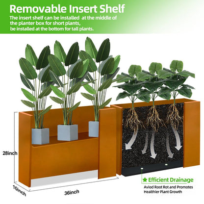 Megawodar Metal Tall Long Planter Box Large Rectangular Planter Flower Pot with Drainage Holes for Indoor Outdoor Deck Porch Garden Home Patio Front Door (Rusty Orange, 36" L x 10" W x 28" H)