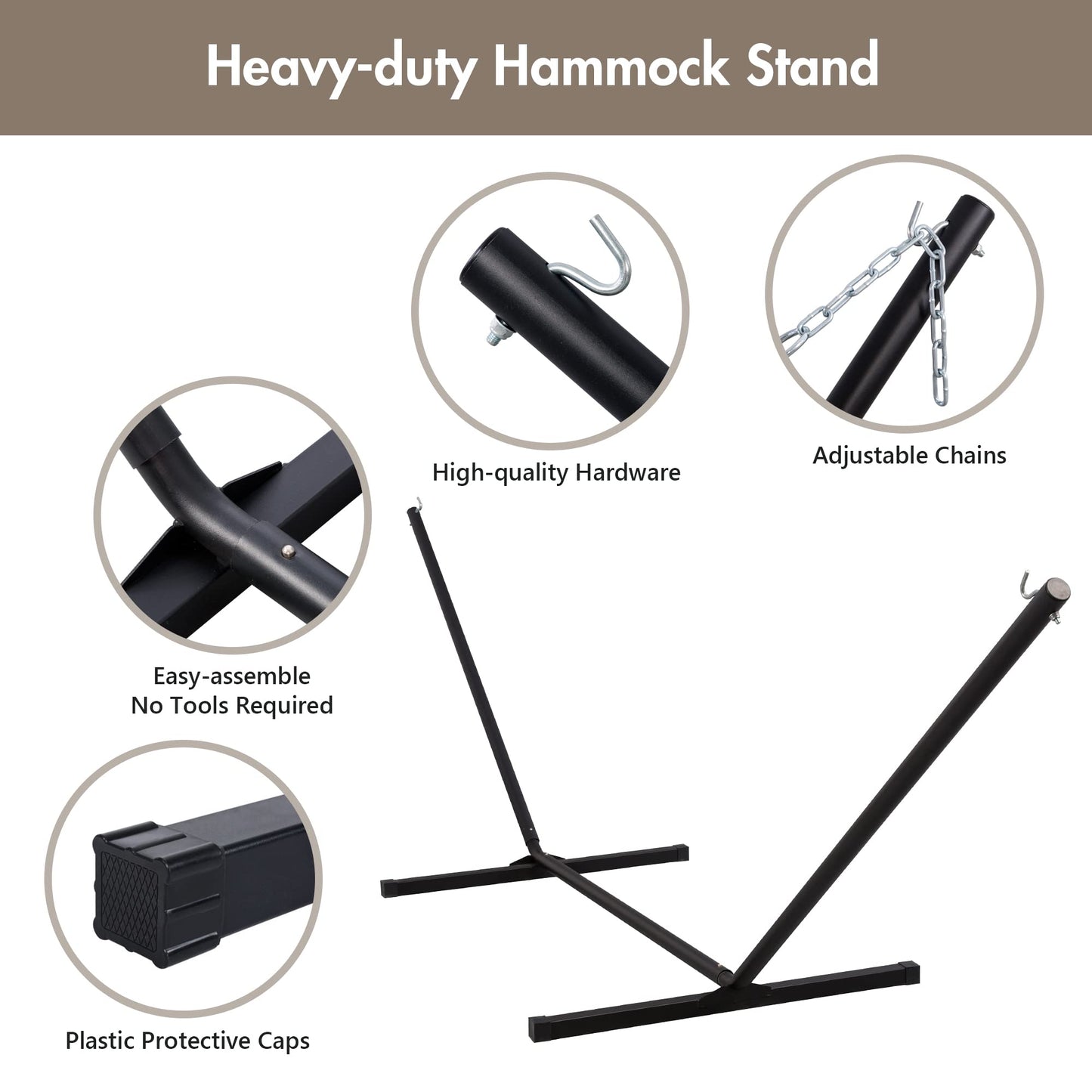 ANOW 2 Person Hammock with 12FT Heavy Duty Steel Stand, Double Rope Hammock with Detachable Pillow and Pad for Outdoors Indoors, 450 LBS Weight Capacity, Light Brown