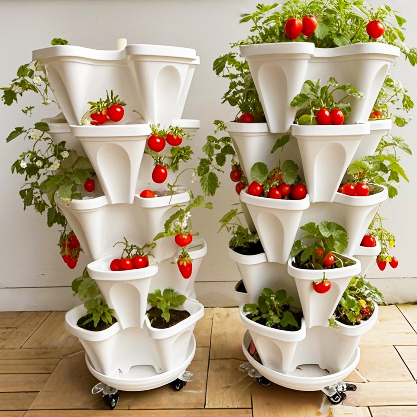 Lykvrii Strawberry Planters, 7 Tiered Vertical Stackable Planter, Herb Stacking Tower Garden, Flower and Vegetable Planters with Support Pole Indoor & Outdoor with Removable Wheels - Dark Grey