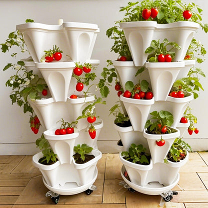 Lykvrii Strawberry Planters, 3 Tiered Vertical Stackable Planter, Herb Stacking Tower Garden, Flower Vegetable Planters with Support Pole, Indoor & Outdoor with Removable Wheels - Dark Grey