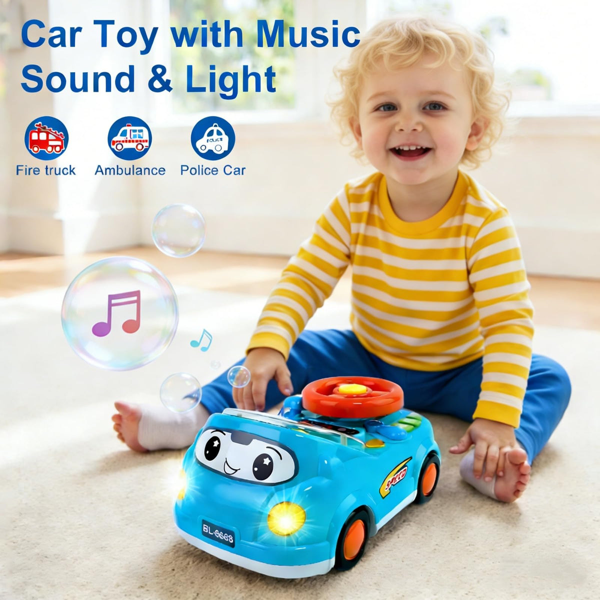 DELUTIQUE Toys for 1 + Year Old Boy,Toddler Racing Car Steering Wheel Toy with Sound & Light,Car Toys for Toddlers 1-3,Gift for 1 2 3 Years Old Boys Girls (Blue)